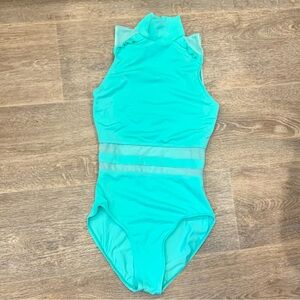 🩰 Balera Mock Neck Ruffle Detail Mesh Insert Leotard For Dance X Small Aqua 🩰